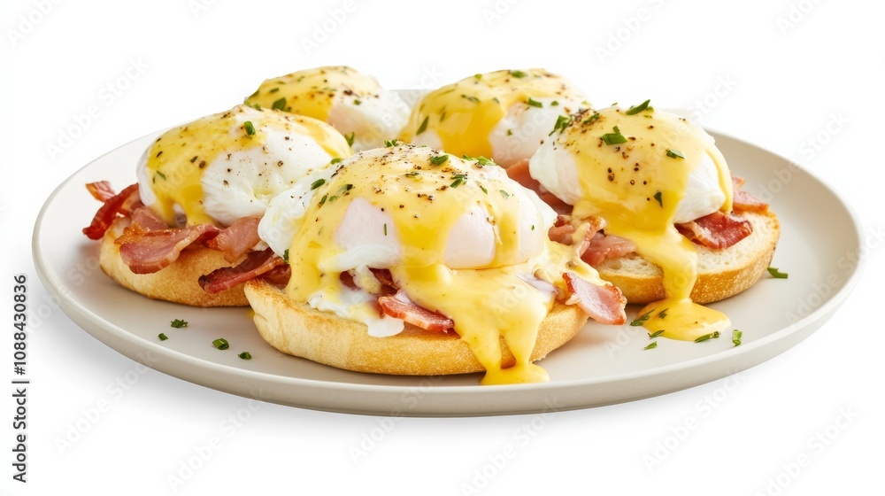 A plate of classic eggs Benedict with poached eggs, Canadian bacon, and hollandaise sauce on English muffins A plate of classic eggs Benedict with poached eggs, Canadian bacon, and hollandaise sauce on English muffins