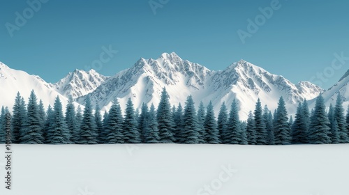 Snowy mountain landscape with evergreen trees.