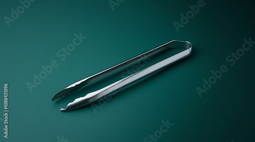 Stainless Steel Tongs on Solid Dark Green Background with Polished Finish and Ergonomic Design