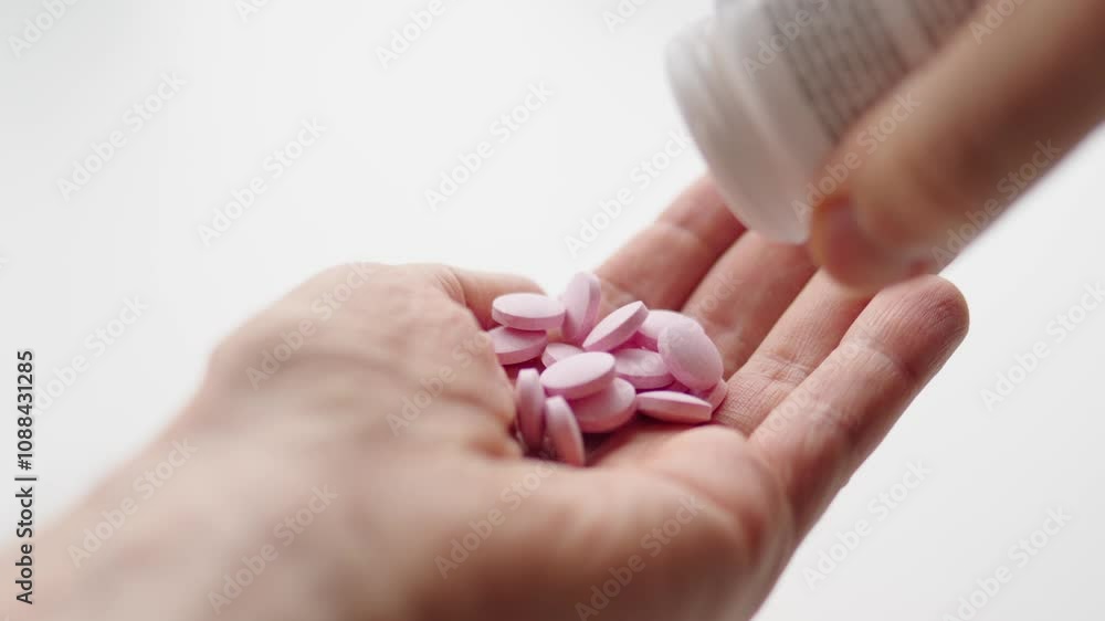 Man pouring vitamin pills on his hand. Vitamin B12. Vegan supplements. Slow motion Man pouring vitamin pills on his hand. Vitamin B12. Vegan supplements. Slow motion
