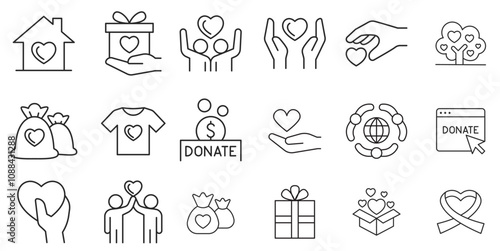 Premium Icons Pack on Charity and Donations. Such Line Signs as Volunteering and Compassion, Philanthropy Contribution and Sponsorship. Vector