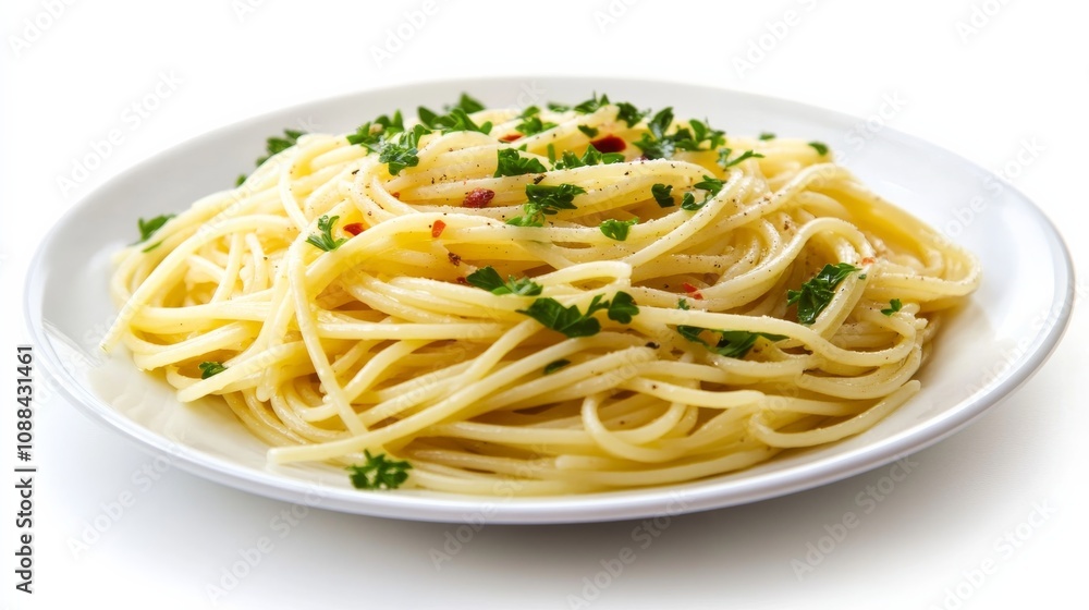 A plate of classic spaghetti aglio e olio with garlic, olive oil, chili flakes A plate of classic spaghetti aglio e olio with garlic, olive oil, chili flakes