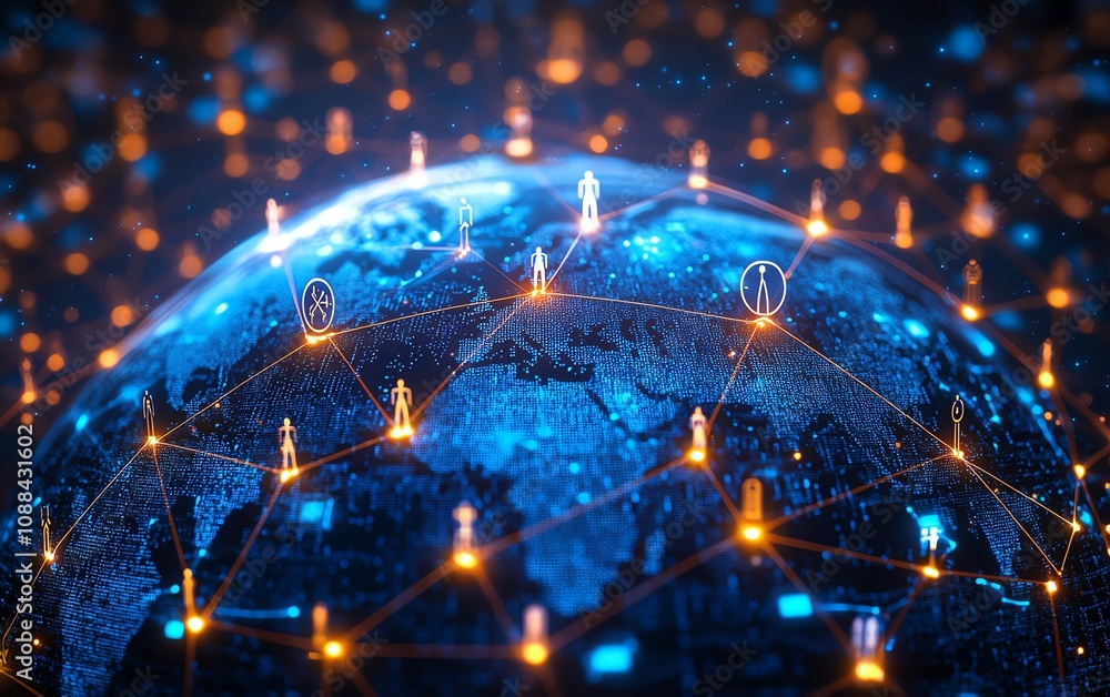 A hightech generative AI network, featuring a globe with glowing digital pathways connecting business icons and people, futuristic aesthetic, detailed design A hightech generative AI network, featuring a globe with glowing digital pathways connecting business icons and people, futuristic aesthetic, detailed design