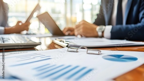 Business professionals sitting at a table, reviewing documents during an office meeting.