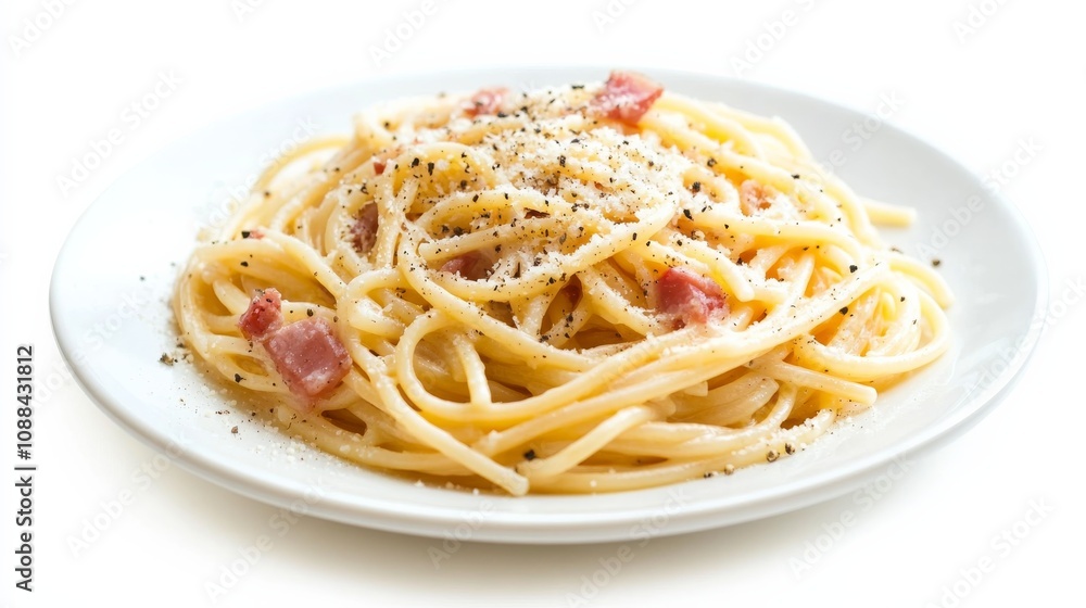 A plate of classic spaghetti carbonara with crispy pancetta, Parmesan cheese, and black pepper A plate of classic spaghetti carbonara with crispy pancetta, Parmesan cheese, and black pepper