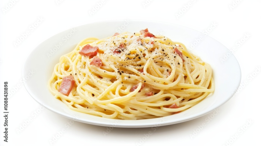 A plate of classic spaghetti carbonara with crispy pancetta, Parmesan cheese, and black pepper A plate of classic spaghetti carbonara with crispy pancetta, Parmesan cheese, and black pepper