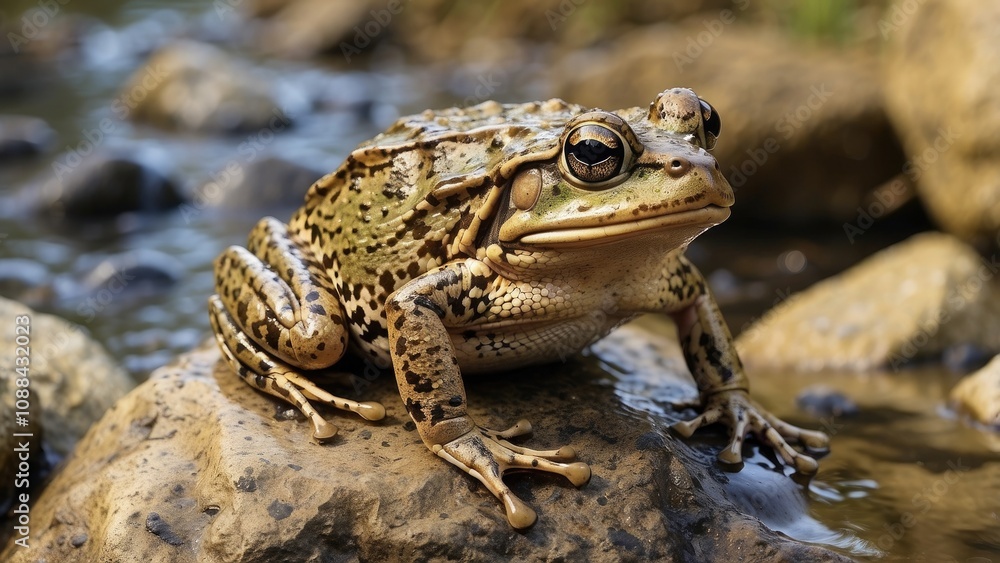 An adult Iberian frog (Rana iberica) is seated on a rock in Spain An adult Iberian frog (Rana iberica) is seated on a rock in Spain