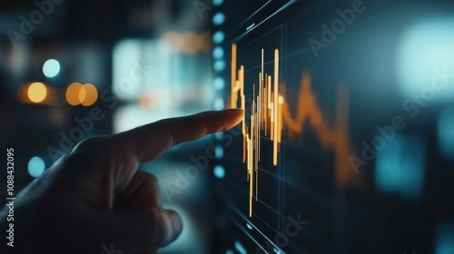 Crypto trader investor broker holding finger on buy or sell button executing financial stock trade market trading order thinking of cryptocurrency or shares assets investment risks and profit concept