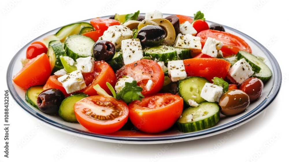 A plate of colorful Greek salad with ripe tomatoes, cucumbers, olives A plate of colorful Greek salad with ripe tomatoes, cucumbers, olives