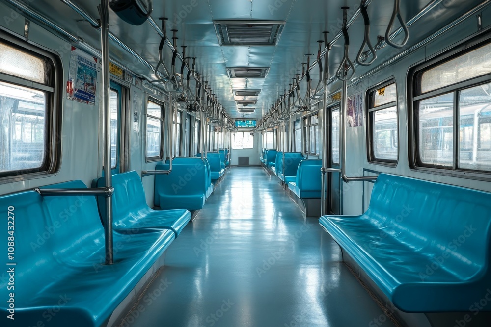 Fototapeta premium Empty train car with blue seats.