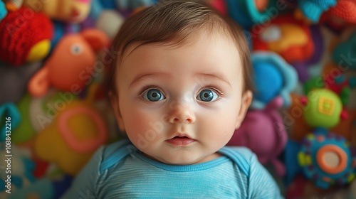 baby lying on a colorful play mat, surrounded by toys, looking content and curious