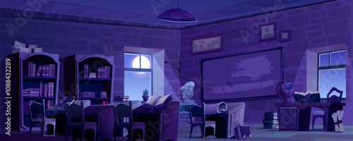 Night dark empty school classroom with wooden bookshelves filled by literature. Study tables beneath pendant lamp. Education space with world map and chalkboard on brick wall, globe and paper scrolls.