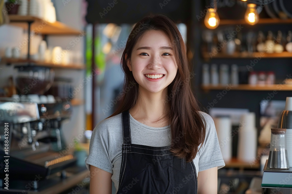 Friendly Young Barista Smiling at Coffee Shop Counter Amidst Cozy Atmosphere with Various Equipment and Soft Lighting in Background Friendly Young Barista Smiling at Coffee Shop Counter Amidst Cozy Atmosphere with Various Equipment and Soft Lighting in Background