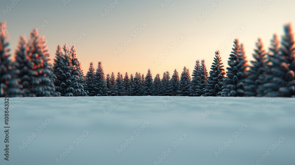 Fototapeta premium Snowy forest landscape at sunset.