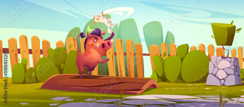 Evil cartoon warthog throws white cat while standing on wooden board in fenced backyard. Garden scenery with hedge, shrubs and decorative tree. Angry brown wild warthog in garden with green grass.