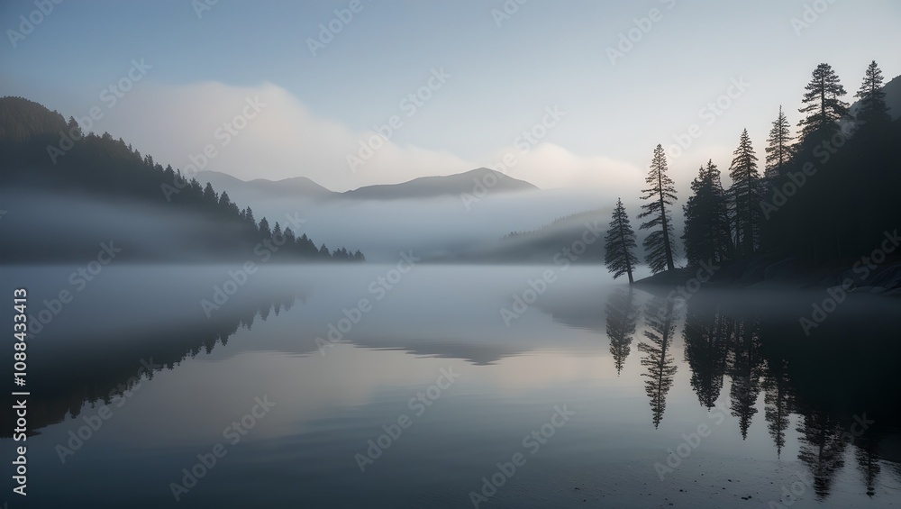 Fototapeta premium A tranquil mountain lake surrounded by tall pine trees, its surface reflecting faint images of mist-covered peaks. The soft morning fog hovers above the water, blending seamlessly into the serene wild