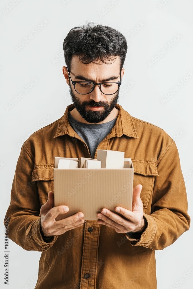 Bearded man examines small boxes in cardboard container. Bearded man examines small boxes in cardboard container.