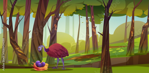Brown fluffy ostrich bird standing near nest with eggs in forest setting. Cartoon woodland scene with tall trees, green grass and emu near birdhouse for children book about nature or wildlife stories.
