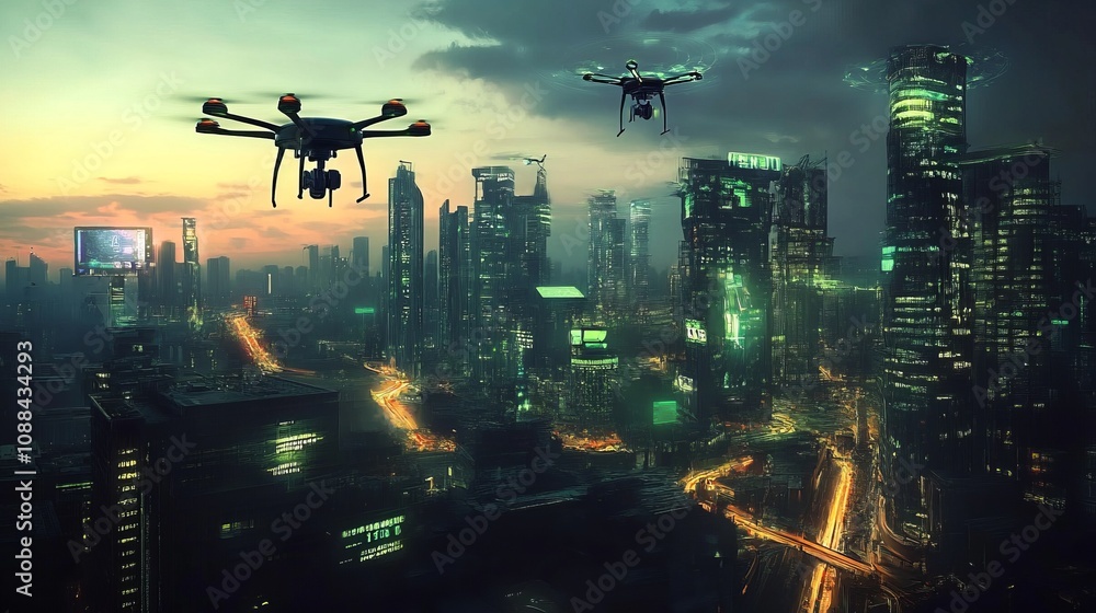 Drones over a futuristic cityscape at night illuminated pathways visual art urban environment aerial view concept of technology and connectivity Drones over a futuristic cityscape at night illuminated pathways visual art urban environment aerial view concept of technology and connectivity