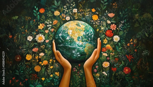 Hands holding an illuminated Earth surrounded by icons for ecofriendly water, energy management, and environmental change, lush green backdrop, Generative AIpowered design