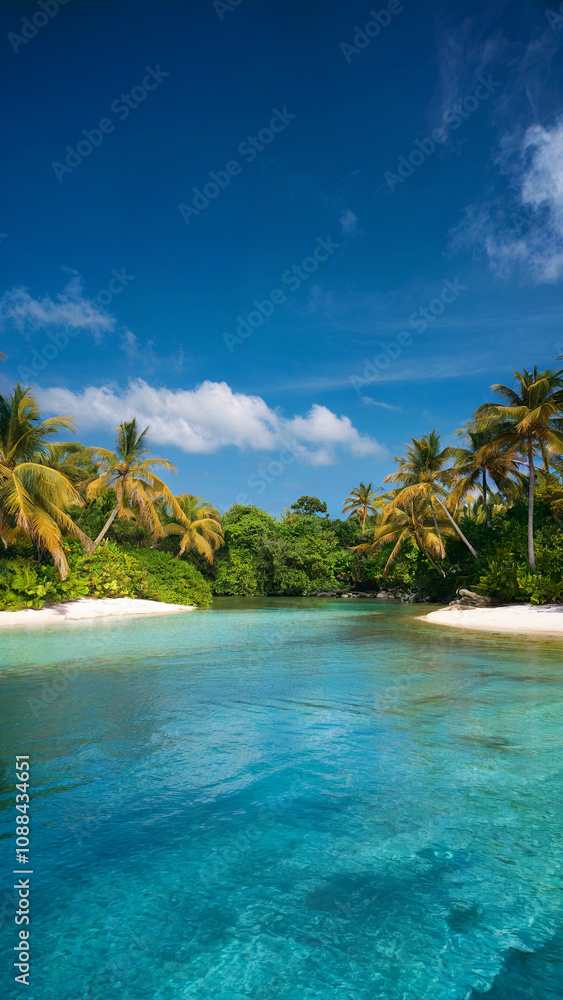 Fototapeta premium Beautiful blue ocean with palm trees in the background