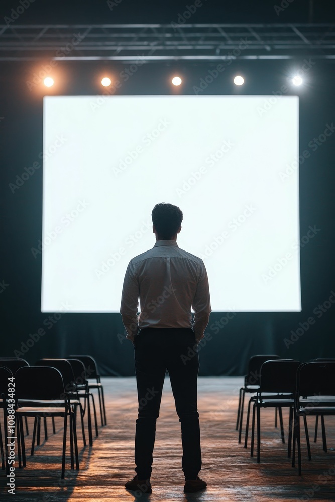 Fototapeta premium Man facing blank screen, empty chairs.