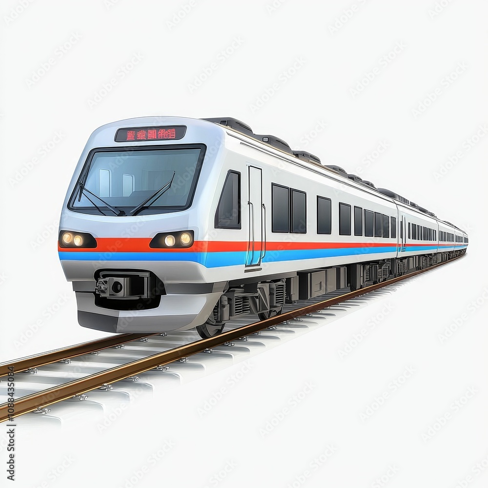 Modern train travels on tracks, white background. Modern train travels on tracks, white background.