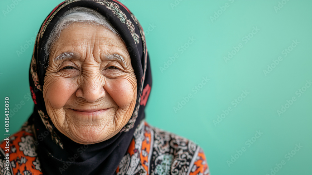 A cheerful elderly Middle Eastern woman smiles warmly against a vibrant backdrop during a sunny afternoon. Generative AI