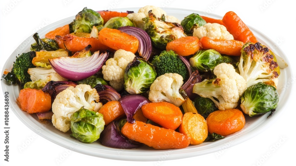 A plate of colorful roasted vegetables including carrots, Brussels sprouts, cauliflower A plate of colorful roasted vegetables including carrots, Brussels sprouts, cauliflower