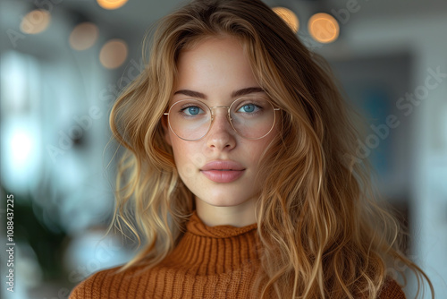 Young woman with long brown hair and glasses is wearing an brown sweater