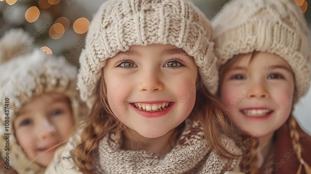 Smiling Children in Cozy Winter Hats Enjoying a Festive Day.. Smiling Children in Cozy Winter Hats Enjoying a Festive Day..