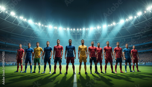 Soccer players team posing before game in a stadium