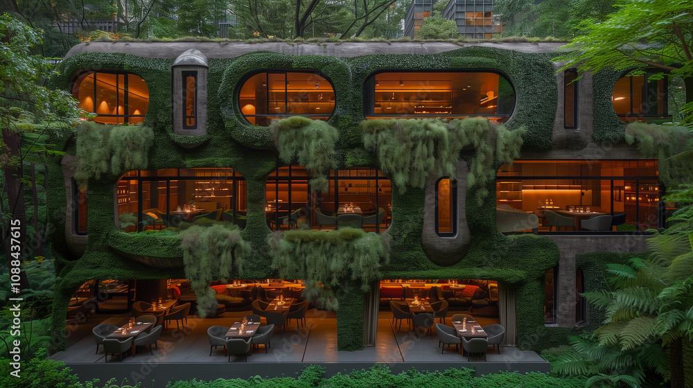 Nature-Integrated Restaurant with Lush Green Exterior Design.. Nature-Integrated Restaurant with Lush Green Exterior Design..