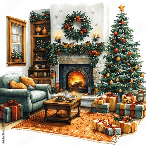 An illustration clip art o Christmas living room scenes, featuring cozy furniture, decorated trees, and festive details, isolated on a white background photo