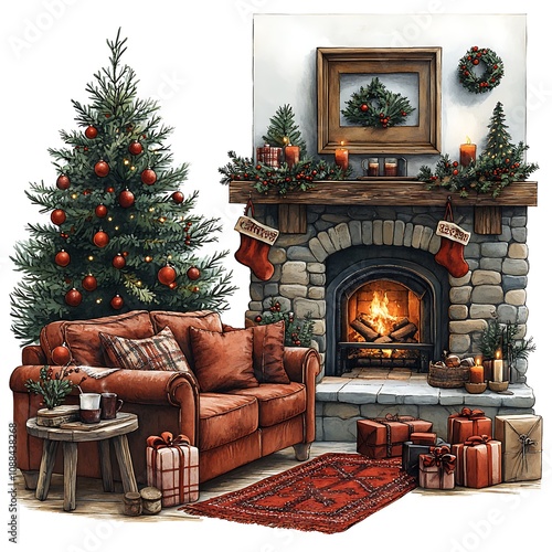 An illustration clip art o Christmas living room scenes, featuring cozy furniture, decorated trees, and festive details, isolated on a white background photo