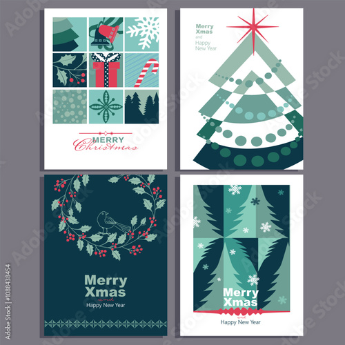 set of vector christmas cards in winter holiday colors with christmas tree, snowflakes, bells