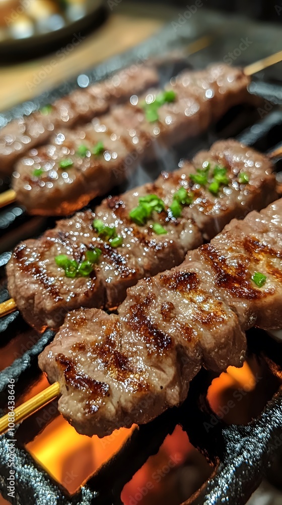 A close-up of the perfectly grilled beef kebabs on wooden skewers, showcasing their rich color and golden-brown texture against an outdoor grill background. A close-up of the perfectly grilled beef kebabs on wooden skewers, showcasing their rich color and golden-brown texture against an outdoor grill background.