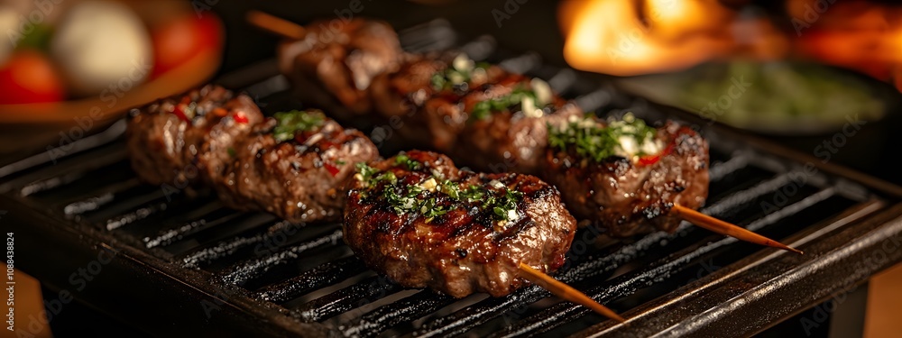 A close-up of the perfectly grilled beef kebabs on wooden skewers, showcasing their rich color and golden-brown texture against an outdoor grill background. A close-up of the perfectly grilled beef kebabs on wooden skewers, showcasing their rich color and golden-brown texture against an outdoor grill background.