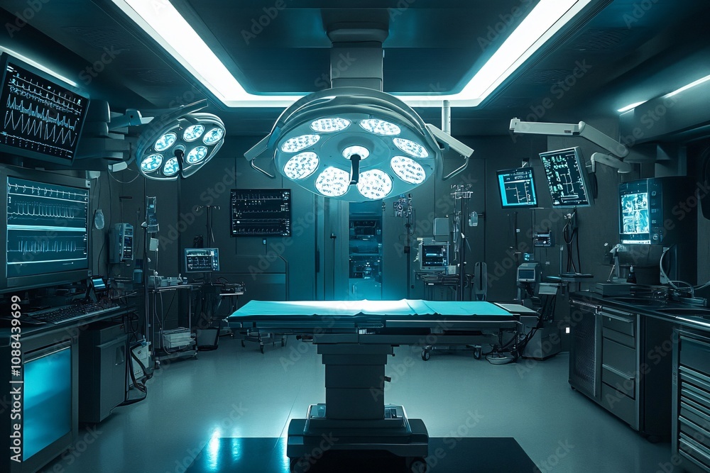 Advanced futuristic operating room with a surgical table, high-tech equipment, and bright LED overhead lights. Sterile and modern environment for surgeries. Design for banners, posters, or medical tec