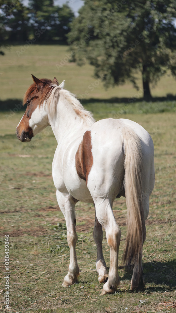 Brown and white horse is standing in a field Brown and white horse is standing in a field