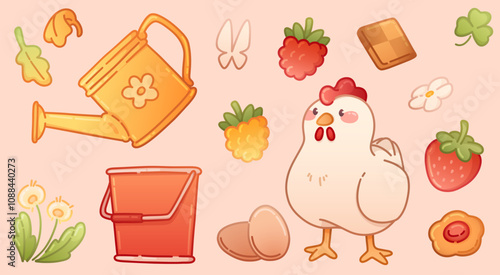 Cute farm scene with plump chicken beside fresh eggs, watering can with flower, red bucket, berries and leaves. Rustic cottagecore aesthetics or garden themed designs. Countryside lifestyle elements.