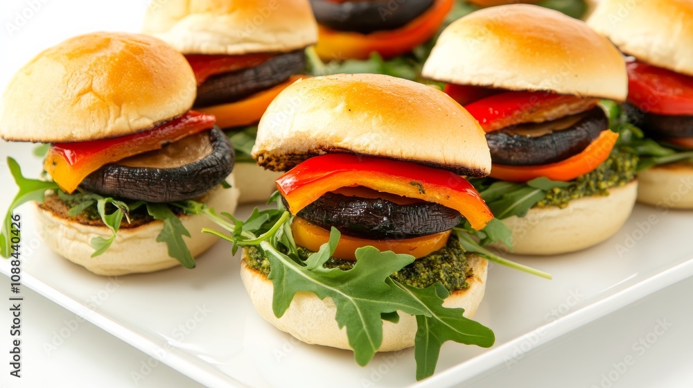 A plate of colorful veggie sliders with grilled portobello mushroom caps, roasted bell peppers, arugula A plate of colorful veggie sliders with grilled portobello mushroom caps, roasted bell peppers, arugula