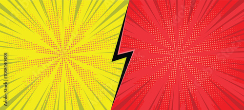 Comic background featuring contrasting yellow and red panels with radial burst effects, separated by a bold lightning bolt. Ideal for graphic novels, superhero themes, promotional designs, pop-art.