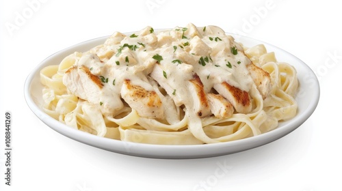 A plate of creamy chicken Alfredo pasta with tender chicken breast strips, fettuccine pasta, and creamy Alfredo sauce