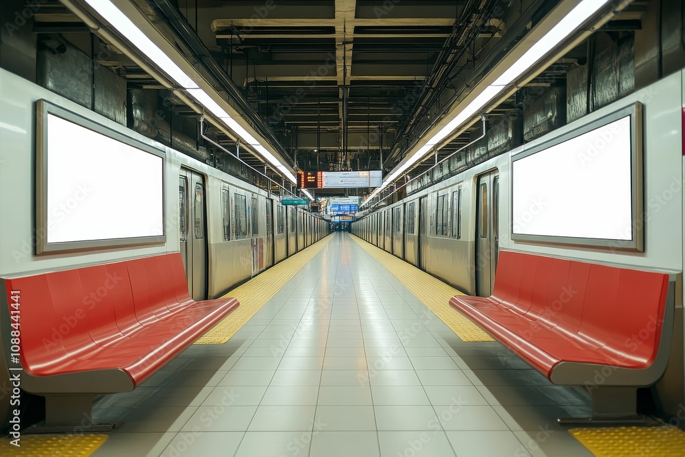 Fototapeta premium Empty subway platform with two red benches.
