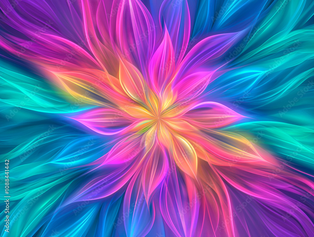Obraz premium Vibrant abstract floral design with neon colors and dynamic swirls conveying chaos and transformation