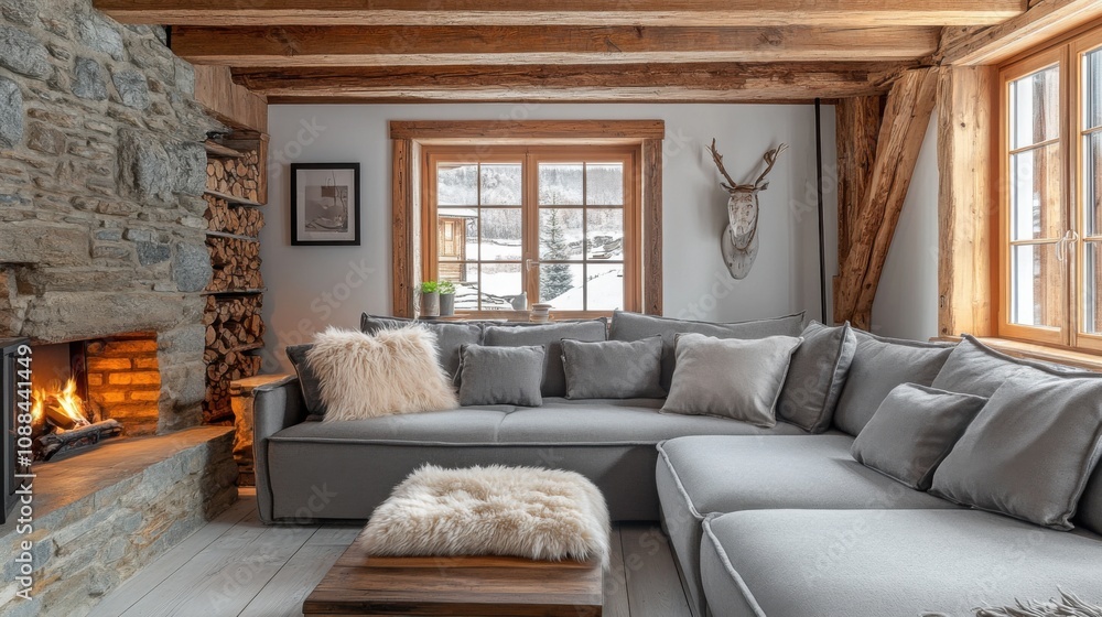 Naklejka premium A minimalist yet rustic living room featuring a plush picture