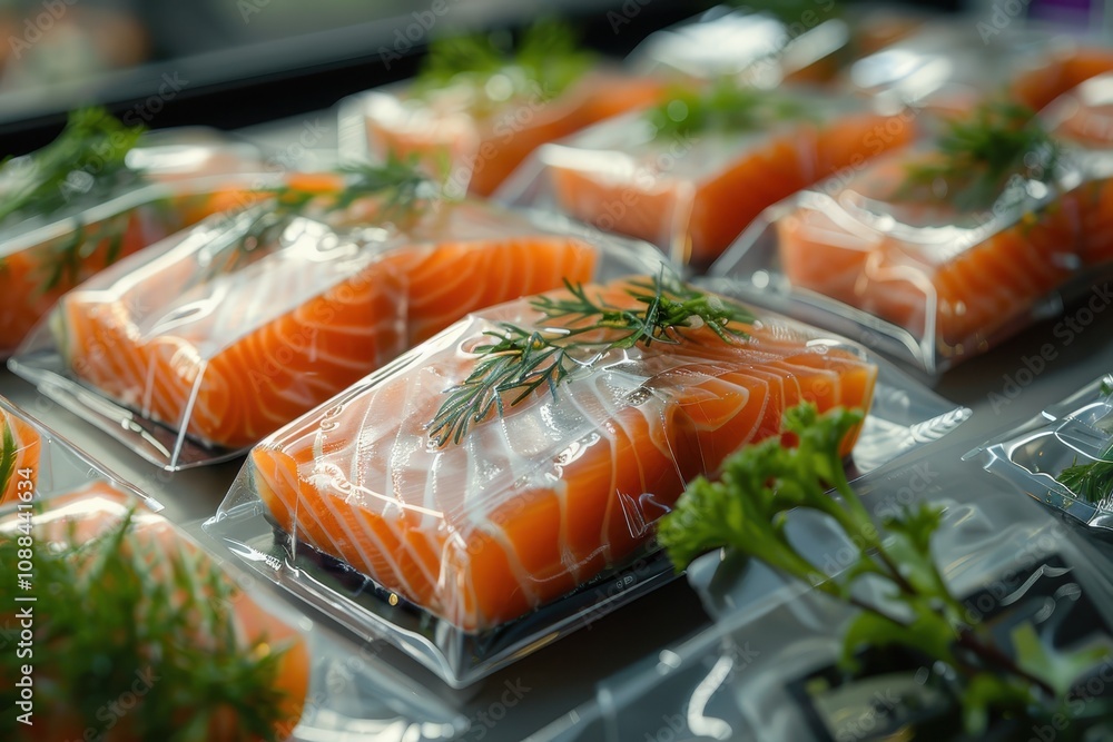 Fresh salmon fillets are neatly packaged with herbs, showcasing vibrant colors and appealing presentation for seafood lovers. Fresh salmon fillets are neatly packaged with herbs, showcasing vibrant colors and appealing presentation for seafood lovers.