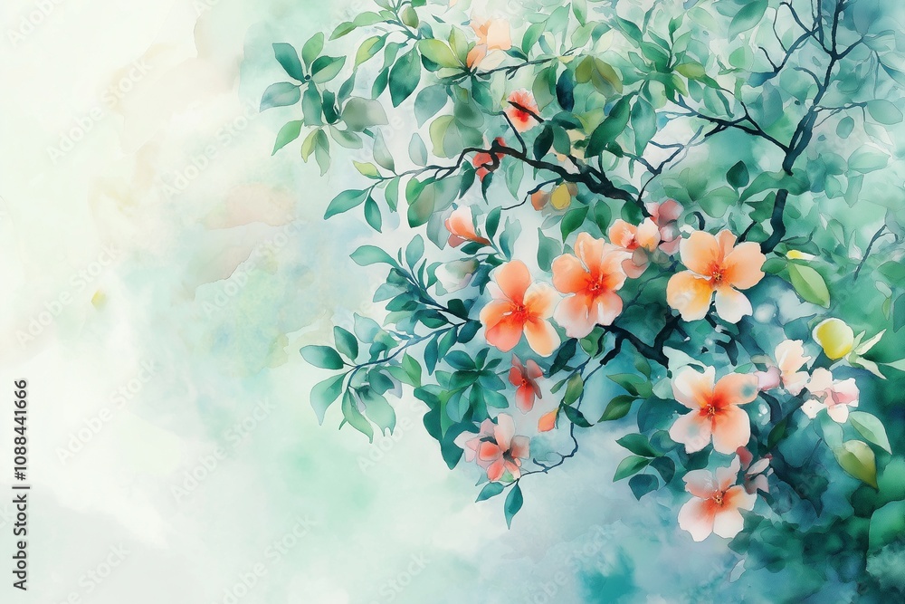 custom made wallpaper toronto digitalBeautiful watercolor painting of a blooming tree with vibrant flowers, showcasing delicate petals and lush green leaves against a soft background, evoking a serene natural atmosphere.