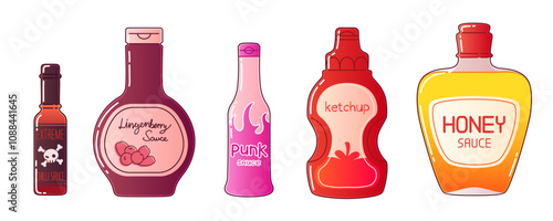 Various sauce bottles - extreme hot chili with skull label, sweet lingonberry mixture, pink punk condiment, tomato ketchup and golden honey dressing. Flavor food packaging design or menu illustration.